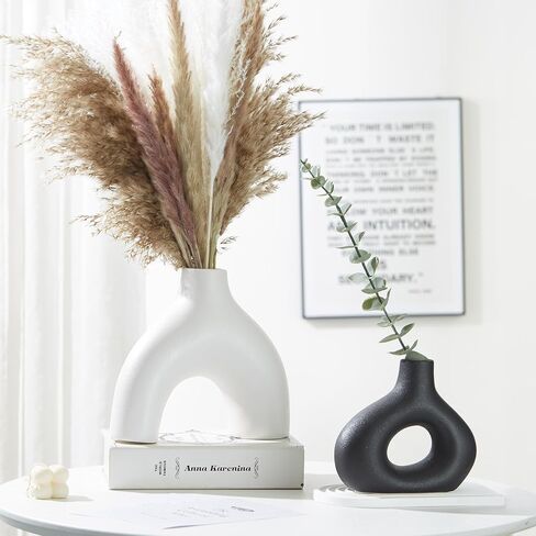 Black Ceramic Vases Set of 2, Modern Decorative Flower Vase, Minimalism Retro Vase for Home Office Decor Bedroom Living Room Kitchen Wedding Dinng Table Centerpiece Decoration Pampas Grass in Saudi Arabia