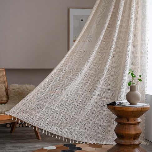 Boho Living Room Curtains 2 Panels Vintage Fringe Crochet Lace Curtains Panel Bedroom Window Farmhouse Vintage Printed Floral Curtains, 59″W x 63″L in Saudi Arabia
