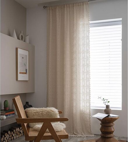 Boho Living Room Curtains 2 Panels Vintage Fringe Crochet Lace Curtains Panel Bedroom Window Farmhouse Vintage Printed Floral Curtains, 59″W x 63″L in Saudi Arabia