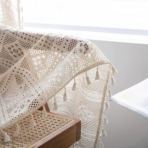Boho Living Room Curtains 2 Panels Vintage Fringe Crochet Lace Curtains Panel Bedroom Window Farmhouse Vintage Printed Floral Curtains, 59″W x 63″L in Saudi Arabia