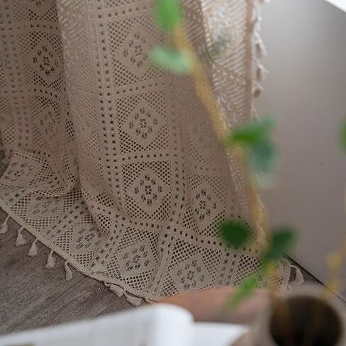 Boho Living Room Curtains 2 Panels Vintage Fringe Crochet Lace Curtains Panel Bedroom Window Farmhouse Vintage Printed Floral Curtains, 59″W x 63″L in Saudi Arabia