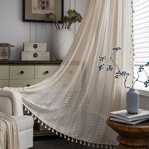 Boho Living Room Curtains 2 Panels Vintage Fringe Crochet Lace Curtains Panel Bedroom Window Farmhouse Vintage Printed Floral Curtains, 59″W x 63″L in Saudi Arabia