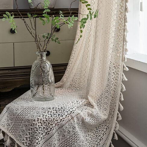 Boho Living Room Curtains 2 Panels Vintage Fringe Crochet Lace Curtains Panel Bedroom Window Farmhouse Vintage Printed Floral Curtains, 59″W x 63″L in Saudi Arabia