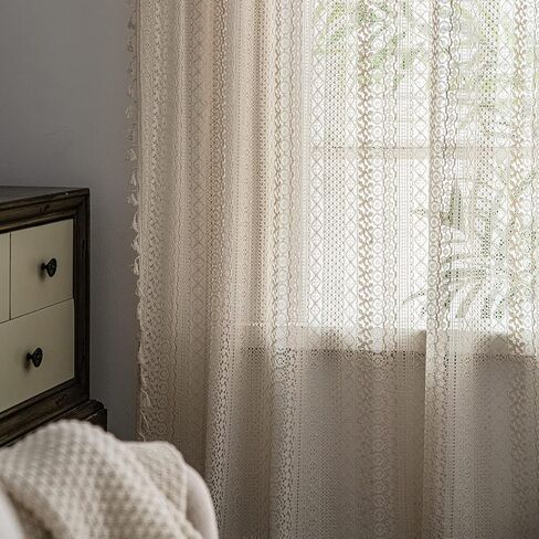 Boho Living Room Curtains 2 Panels Vintage Fringe Crochet Lace Curtains Panel Bedroom Window Farmhouse Vintage Printed Floral Curtains, 59″W x 63″L in Saudi Arabia