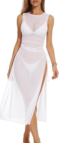 Swimsuit Women Cover Up High Split Drawstring Mesh Dress for Women Swimwear Bikini Cover Up See Through Dress Sheer Dress in Saudi Arabia