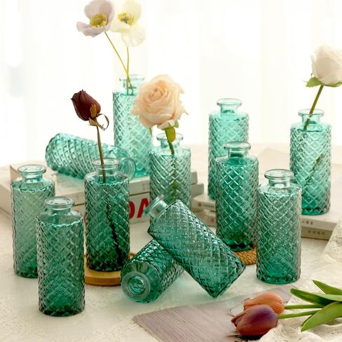 6pcs Glass Vase Bud Small Vase Set Flower Vase in Bulk Diamond Texture Mini Vintage Vases for Table Centerpiece, Home Decoration, Wedding, Party Decor, Amber in Saudi Arabia