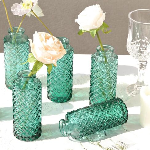 6pcs Glass Vase Bud Small Vase Set Flower Vase in Bulk Diamond Texture Mini Vintage Vases for Table Centerpiece, Home Decoration, Wedding, Party Decor, Amber in Saudi Arabia
