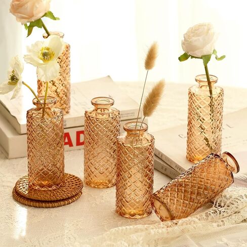 6pcs Glass Vase Bud Small Vase Set Flower Vase in Bulk Diamond Texture Mini Vintage Vases for Table Centerpiece, Home Decoration, Wedding, Party Decor, Amber in Saudi Arabia
