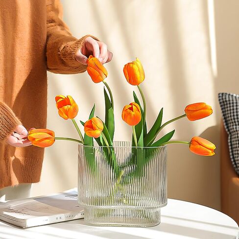 Clear Glass Vase, Ribbed Wide Necked Vase, Art Deco Vase, Modern Home Decoration, Suitable for Wedding, Dining Table, Living Room, Office, Bedroom(7" H) in Saudi Arabia