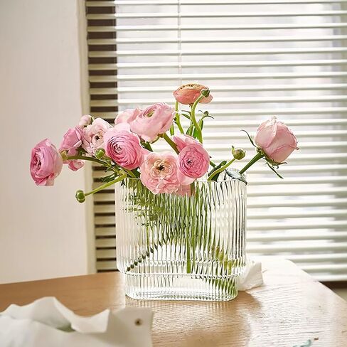 Clear Glass Vase, Ribbed Wide Necked Vase, Art Deco Vase, Modern Home Decoration, Suitable for Wedding, Dining Table, Living Room, Office, Bedroom(7" H) in Saudi Arabia