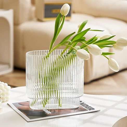 Clear Glass Vase, Ribbed Wide Necked Vase, Art Deco Vase, Modern Home Decoration, Suitable for Wedding, Dining Table, Living Room, Office, Bedroom(7" H) in Saudi Arabia