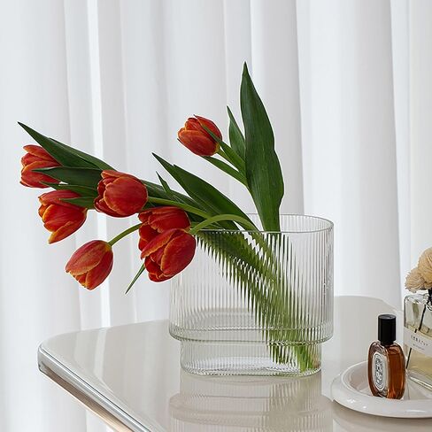 Clear Glass Vase, Ribbed Wide Necked Vase, Art Deco Vase, Modern Home Decoration, Suitable for Wedding, Dining Table, Living Room, Office, Bedroom(7" H) in Saudi Arabia