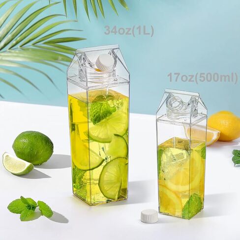 2 packs 34 oz * 1,17 oz *1 Milk carton Water bottle, clear plastic milk carton Portable leak-proof square juice bottle Outdoor sports, travel camping (comes with two brushes and two straws) in Saudi Arabia