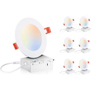 CLOUDY BAY 4 inch 3000K/4000K/5000K Three Color Temperature Selectable, Dimmable 10W CRI 90+, IC Rated, ETL/JA8, Ultra Thin Recessed Downlight with Junction Box, White Finish, 6PK