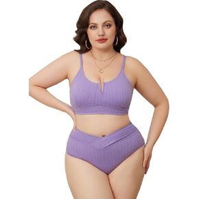 WDIRARA Women's Notched V Neck Bikini Swimsuit 2 Piece Textured Swimsuit Bathing Suits
