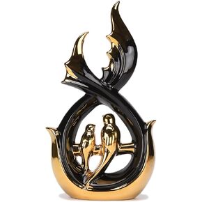 Modern Abstract Art Ceramic Statue with Bird Figurine Black & Gold Decor for Living Room Dining Room Bookshelf Coffee Table Entrance Shop Office 11.8''(H) TQGJNY7