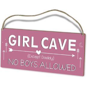 Girl Cave Sign, Girls Room Decor, Kids Room Decor, Girls Bedroom Decor Wooden Wall Hanging Sign for Door, Wood Plaque Wall Art Gift for Teen Girls Daughter, Girl's Bedroom Door Decor -(01)