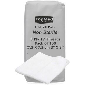 TOPMED ETS Cotton Gauze Swabs, Non-Sterile,White,8 Ply 17 Threads Pack of 100 (10 X 10 cm 4" X 4")