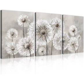 Dandelion Wall Art Beige White Flower Canvas Print Flora Picture for Living Room Botanical Abstract Painting for Modern Home Decor Bedroom Decoration 12"x16"x3 Framed