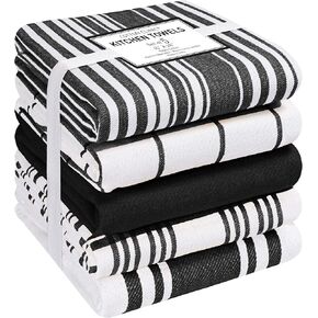Cotton Clinic Assorted Kitchen Towels 5 Pack – Soft Absorbent Quick Drying Table & Kitchen Linen - Dish Towels, Dish Cloths, Tea Towels and Cleaning Towels with Hanging Loop – 16x28 / Grey White