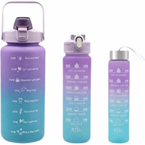 Sports Water Bottles 3 Pcs Set with Motivational Time Marker & Leak Proof Flip Top Lid (Gradient Purple) for School, Fitness Enthusiasts & Indoor Outdoor Activities