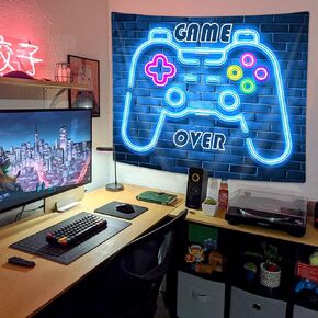 MERCHR Neon Game Tapestry, Cool Blue Blacklight Tapestry Wall Hanging for Men Boys Video Game Room, Retro 70s 80s Brick Wall Gaming Gamer Tapestries Poster Blanket College Dorm Home Decor (40X30)