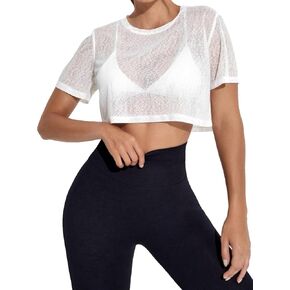 OYOANGLE Women's Semi Sheer Short Sleeve Crop Sports Athletic Tee Shirt Gym Workout Shirts in Saudi Arabia
