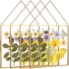 4 Pcs Glass Frame for Pressed Flower 8x8 Inch Clear Wall Hanging Photo Frame Glass Picture Frame Double Glass Square Metal Floating Frame DIY Vintage Artwork Display Frame with Chain for Poster, Gold