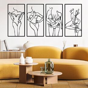 XISEZIUO Metal Wall Art for Bedroom 4 Pieces, Modern Metal Female Line Art Wall Decor for Woman Living Room Bedroom Above Bed, Abstract Sexy Feminine Body Wall Art Minimalist Aesthetic (Black)