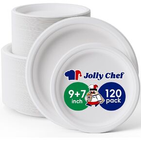 JOLLY CHEF Compostable Heavy Duty Plates 7 inch and 9 inch [120 Pack] Eco-Friendly Disposable Paper Plates Bagasse Biodegradable Sugarcane Fibers Round Plates Bulk for Party Dinner(White)