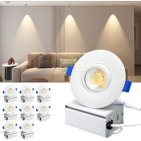 Sublimation 3 Inch 3CCT Gimbal Led Recessed Light with Junction Box 10w,Waterproof recessed Lights for Shower,3 Colors Adjustable,Suitable for Bathroom,Parlor,Bedroom,Kitchen,Balcony