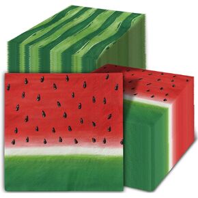 100Pcs Watermelon Paper Napkins Summer Holiday Disposable Luncheon Napkins Red Green Cute Fruit Dessert Dinner Hand Napkins for Birthday Wedding Baby Shower Party Supplies, 6.5 x 6.5 Inch