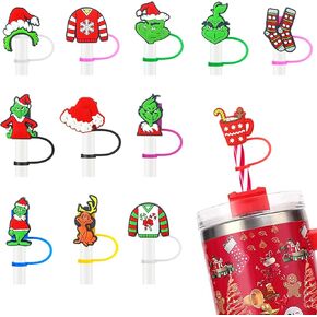 12PCS Silicone Straw Cover, 0.4Inch/10mm Cute Christmas Mickey Theme Reusable Straw Cup Accessories Drinking Straw Covers For 30&40 Oz Straw Topper Theme Party Favors Supplies Straw Cover (Christmas)