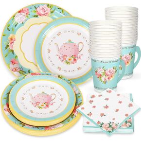 Whaline Tea Party Tableware Supplies Serves 24 Spring Floral Tea Party Disposable Paper Dinnerware, 24 9" Plates 24 7" Saucer Plate 24 9oz Tea Cups with Handle 48 Luncheon Napkins