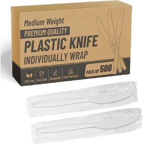 SafeWare White Plastic Knives Individually Wrapped 500 Pcs- Medium Weight - Ideal for Party, BBQ, Picnic, Home, Office, Restaurant Use.…
