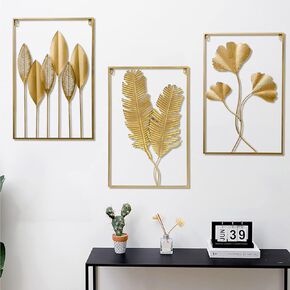 YZDTECH 3Pcs Metal Wall Art Decor,Gold Wall Art Metal Leaf with Frame,17" x 12" Gold Metal Wall Decor for Living Room,Iron Artwork Wall Sculptures Hanging For offices (Greenleaf+Ginkgo+Bananaleaf)