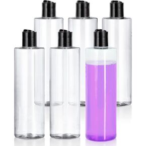 JUVITUS 12 oz Clear Professional Cylinder PET Plastic Bottles with Black Disc Cap (6 Pack)