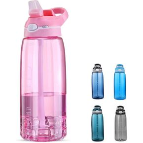 SHELFLOVER Black Water Bottle With Narrow Straw, BPA FREE Clear Bottles With Handle One Hand Use Easy Carried, Flip Up, Suit School, Office, Gym, Office For Men, 32oz (1000ml)