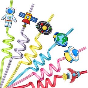 Outer Space Straws Party Favors for Theme Birthday Party Supplies with 2 Cleaning Brush | Solar System Rocket Spaceship Astronaut Satellite Planet Attachments (24+2)