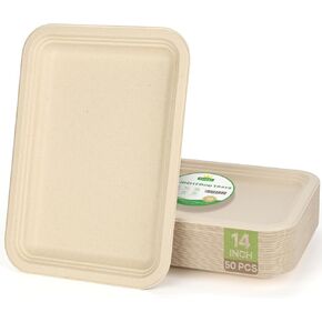 50 Pack 14 Inch Disposable Food Trays Biodegradable Heavy Duty Large Paper Plates Compostable Sugarcane Platters for Crawfish, Lobster, BBQ Seafood,Party and Holiday Feast