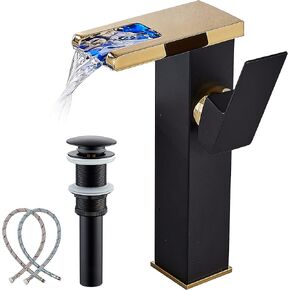 Vessel Sink Faucet Waterfall Gold Black Lavatory Single Hole with Pop Up Drain without Overflow and Supply Lines Bathroom Faucets Bowl Sink One Handle Faucets Bath Tap Lead-Free