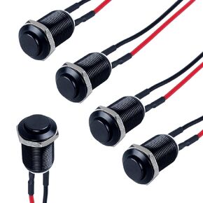 5pcs 12mm Latching Push Button Switch Raised Head ON-OFF Normally Open with Pre-soldered Cable Aluminium Alloy Shell 12V 24V 36V 110V Waterproof IP66 without LED (Black)