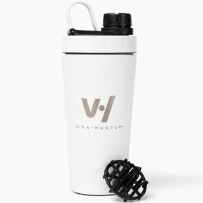 كوب VitaHustle من الفولاذ المقاوم للصدأ مع غطاء ملتوي، مانع للتسرب، كرة خلاط، مثالي لمخفوق البروتين أو بعد التمرين، يناسب حامل أكواب السيارة، خالي من مادة BPA، 20 أونصة (أبيض)