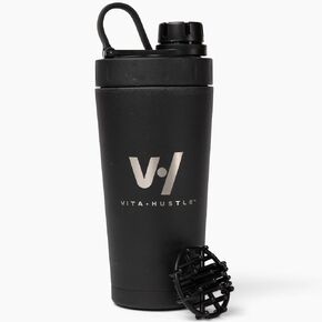 VitaHustle Stainless Steel Shaker Cup with Twist Cap, Leakproof, Blender Ball, Perfect for Protein Shakes or Post Workout, Fits Car Cup Holder, BPA Free, 20 oz (Black)