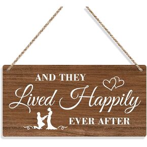 And They Lived Happily Ever After Rustic Wedding Signs Wall Hanging Novelty Ring Bearer Sign Wedding Accessories Wall Art Decor Wedding Decorations for Reception Engagement Wedding Party (Brown)