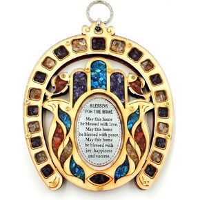 Horseshoe Symbol Hand Fatima Wood Wall Hanging Plaque Hamsa Home Blessing With Semi Precious Stones Gift