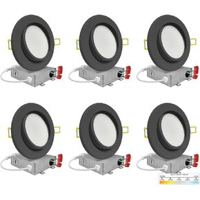 NUWATT Black 4 Inch Gimbal LED Recessed Lighting, 2700K/3000K/3500K/4000K/5000K Selectable, 630LM, Dimmable, Damp Rated, Adjustable Lens Canless Lights for Sloped Ceiling, Metal Junction Box, 6 Pack