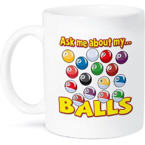 3dRose Funny Ask Me About My Balls Pool Billiards Humor Design Two Tone Mug, 11 oz, Black