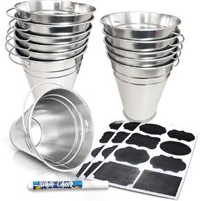 ArtCreativity Large Galvanized Metal Buckets Set, Includes 12 Rustic Pails with Handles, 24 Chalkboard Labels and 1 Liquid Chalk Marker, 5 Inch Galvanized Buckets for Party Favors, Wedding Decorations