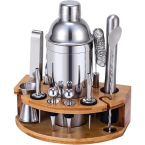 Cocktail Shaker Set Bartender Kit with Stand, 12 Piece Bar Set Drink Mixer Set with Stainless Steel Bar Accessories Tools: 25oz Martini Shaker Jigger Strainer Spoon Muddler for Cocktails (Black) in Saudi Arabia